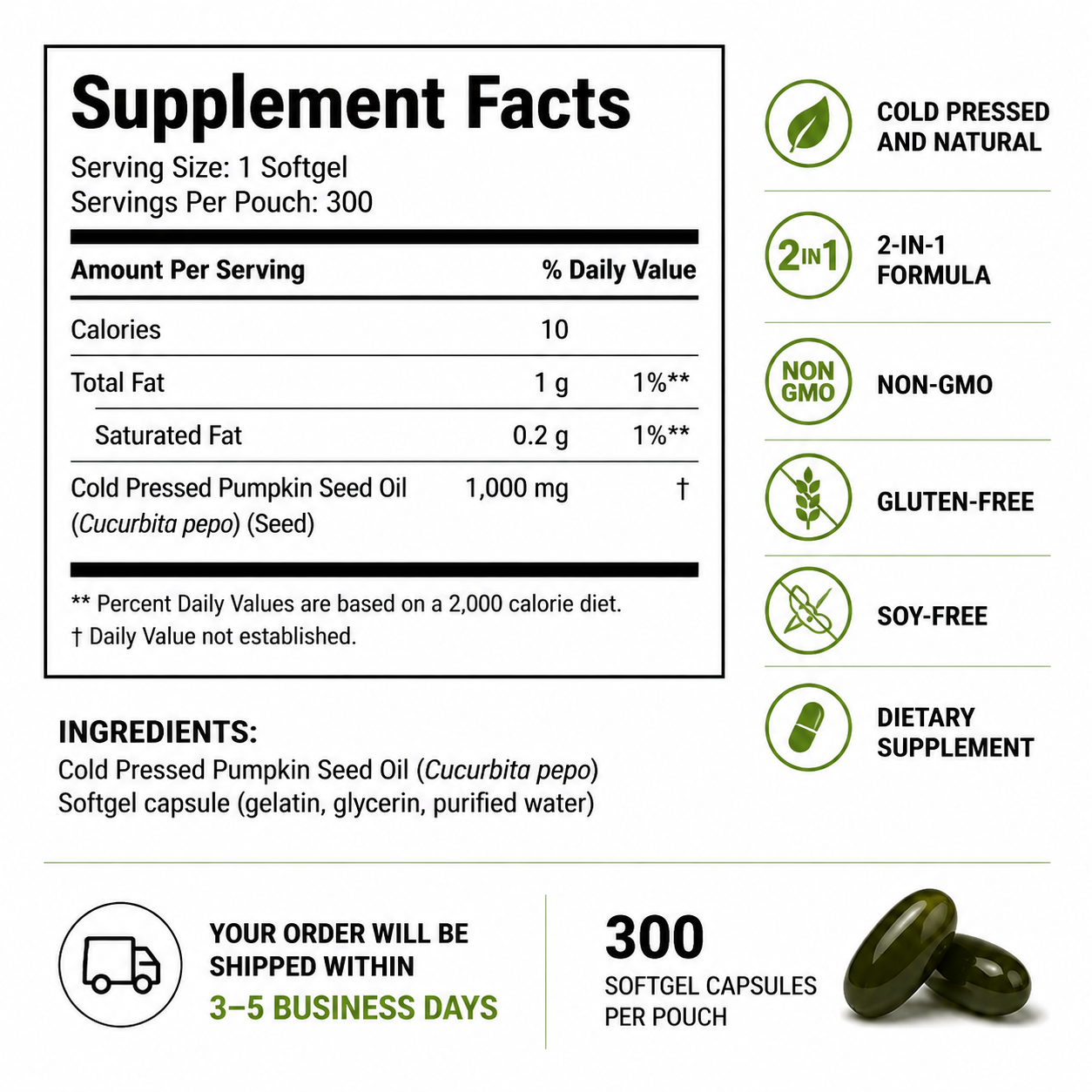 Cold Pressed Pumpkin Seed Oil 1000 mg Softgels — Supplement Facts